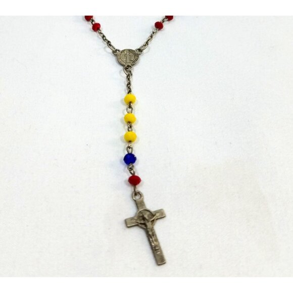 Vintage Rosary St Benedict and Lady of My Guadelupe Red Blue Yellow Beads - Picture 1 of 8